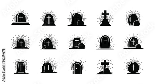 Collection of black silhouette tombstone and cross icons with sunburst effects on white background for halloween or memorial themes