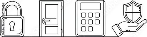 WebSecurity System Icon Set Featuring Padlock Door Electronic Keypad and Shield in Hand Vector Illustrations for Home Safety and Protection