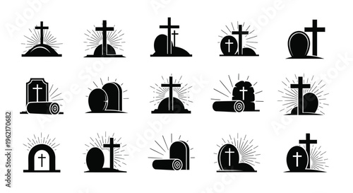 Collection of black silhouette tombstone and cross icons on white background for halloween or memorial concepts