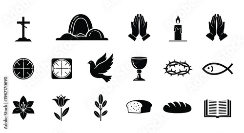 Christianity symbols and objects icons set including cross bread wine dove and holy book on white background