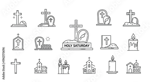Holy saturday icons set including church cross tomb and candle illustrations for easter or religious themes