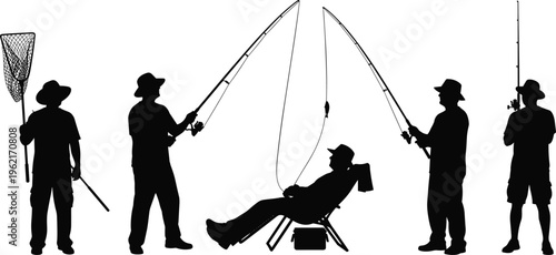 WebSet of black silhouettes showing fishermen in various poses including holding fishing rods, a landing net, and relaxing in a chair