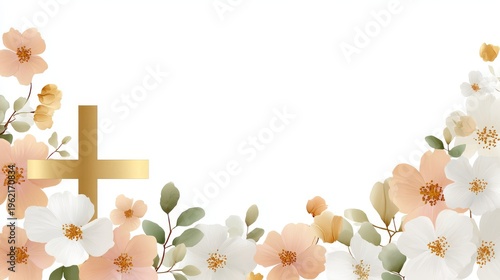 Floral border with white and peach blossoms surrounding a golden Christian cross. Elegant 3D digital illustration on a white background with central copy space for religious themes.
