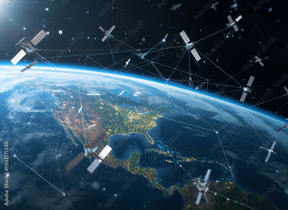 Fototapeta premium Global Satellite Communication Network Orbiting Earth