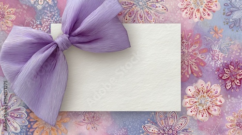 A blank white card with a textured surface is adorned with a large lavender ribbon bow. It sits atop a decorative background featuring pink and purple floral patterns and subtle glitter accents.