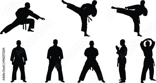 Black Karate Silhouettes Collection Featuring Martial Arts Poses Kicks Stances and Traditional Katas Isolated on White Background for Sports Graphic Design