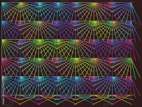 Geometric radial pattern with vibrant multicolored rays on dark background in deco style