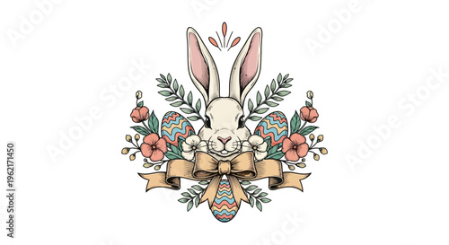 A cute Easter bunny illustration with floral design and ribbon, suitable for cards and decorations on Easter day