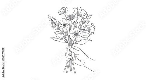Delicate hand holding floral bouquet illustration on a white background