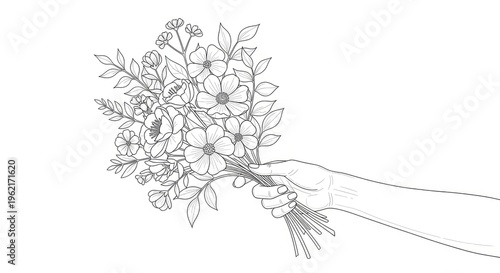Delicate hand holding floral bouquet illustration on white background
