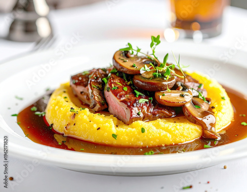 Duck breast filet on creamy polenta and caramelized mushrooms in hearty sauce, elegant plating. AI