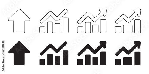 Set of minimalist linear and solid black upward arrows with bar charts for financial growth and success icon.