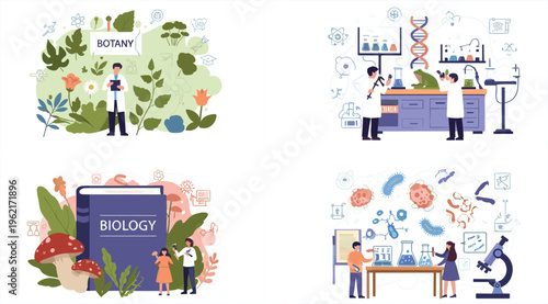 Biology Science Education Vector Set with Botany Plants Laboratory Experiments Microbiology Research Students Studying Biology Book and Scientific Illustration Collection