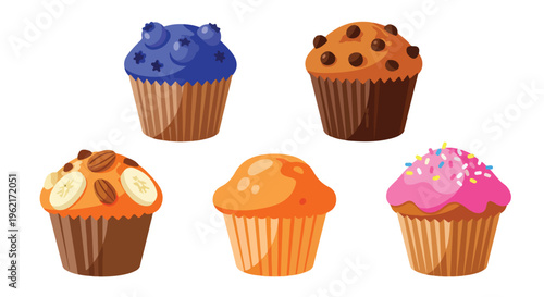 Set of delicious muffin and cupcake vector illustrations in flat design. Various flavors including blueberry, chocolate chip, banana nut, and sprinkles. Sweet bakery icons.