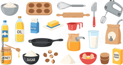 Baking ingredients and kitchen tools collection featuring flour sugar eggs honey butter whisk rolling pin mixer and frying pan vector illustration for recipe and culinary design.
