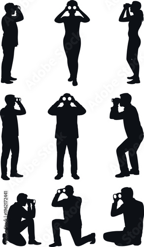 People with binoculars silhouettes collection featuring men and woman observing, searching and watching poses, black human figures isolated for vision, surveillance and exploration concepts