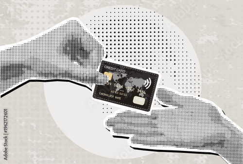 Data analytics concept. Halftone hand draws sales graph. Modern collage design. Pop art. Growth chart. Successful business performance. Business data graph on screen laptop. Achieving high results