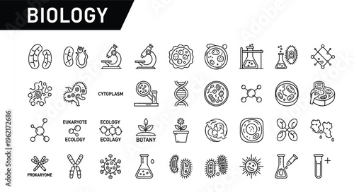 Biology Line Icon Set Featuring Cells, DNA, Microscope, Bacteria, Molecules and Laboratory Equipment for Science Education, Research and Medical Study Design