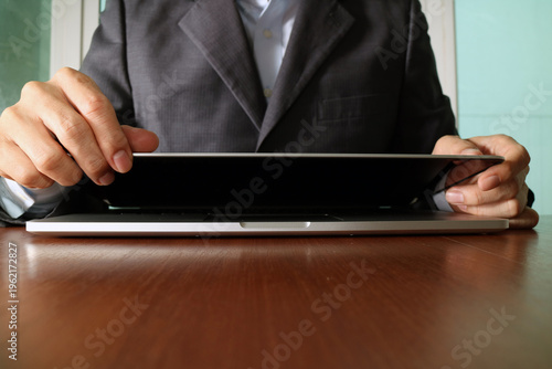 Businessman Opening Laptop at Desk Close Up Hands and Device Concept