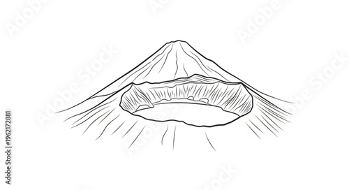 Striking Line Art of a Volcanic Crater and Mountain.