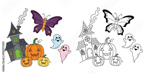 Cute Halloween coloring page with haunted house pumpkins ghosts and butterfly illustration color and outline