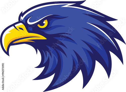 Powerful blue eagle head mascot vector illustration with sharp yellow beak and intense gaze for sports team logos and competitive branding designs.