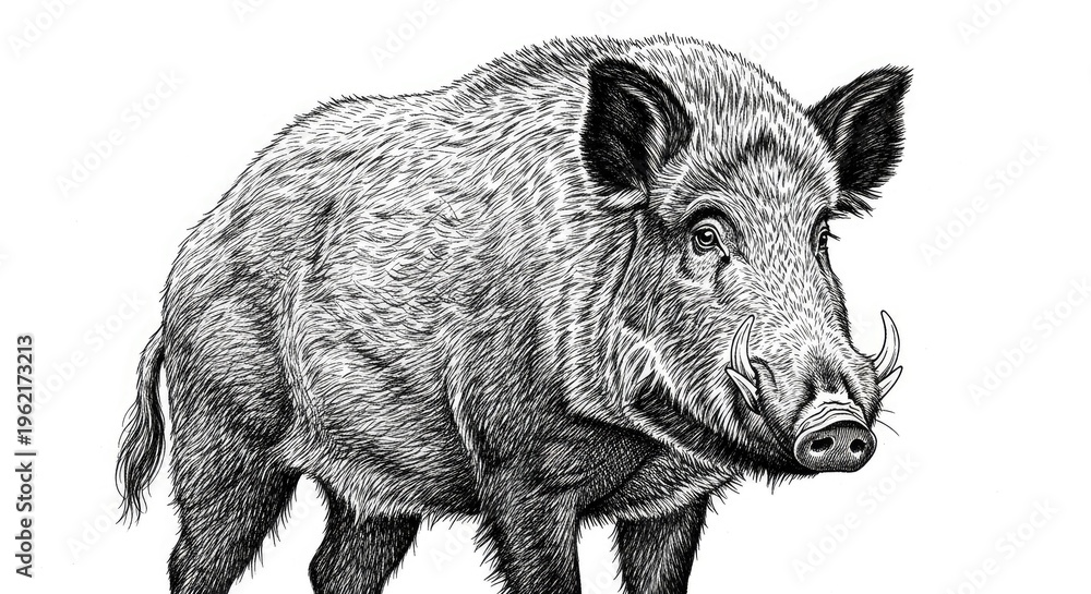 Fototapeta premium Detailed monochrome illustration of a wild boar isolated on a white background