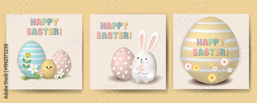  Set of square cards with greetings on Easter. Rabbits, eggs and flowers on a delicate background
