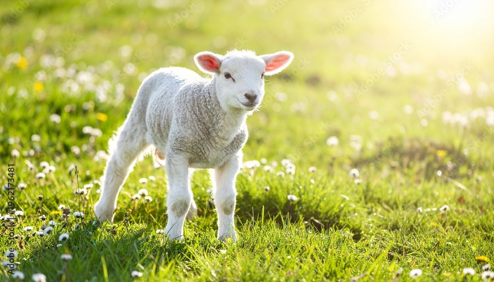 Fototapeta premium Karfreitag Ostern Auferstehung Osterlamm auf Frühlingswiese im Sonnenlicht | Kirche Glaube Hoffnung christliches Symbol mit Natur und Copyspace