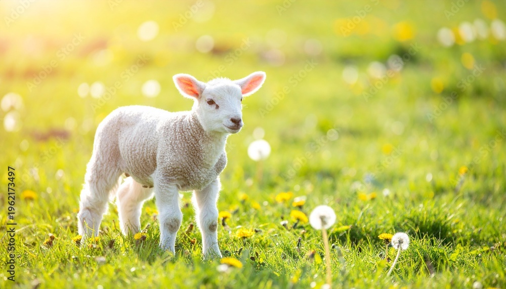 Fototapeta premium Osterlamm auf blühender Frühlingswiese im warmen Sonnenlicht | christliches Symbol für Auferstehung Hoffnung und neues Leben