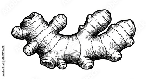 Detailed monochrome illustration of fresh ginger root isolated on white background