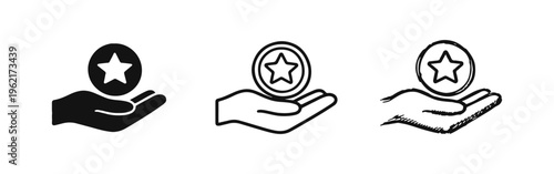 Loyalty Program Reward Icon Set - Hand Holding Star Coin for Customer Benefits