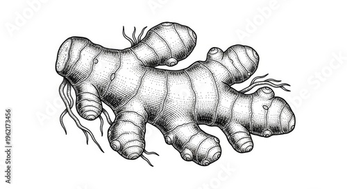 Detailed monochrome illustration of fresh ginger root on white background