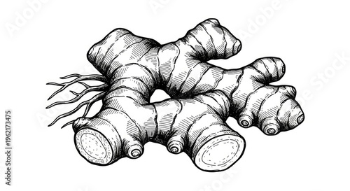 Detailed monochrome illustration of fresh ginger roots isolated on white background