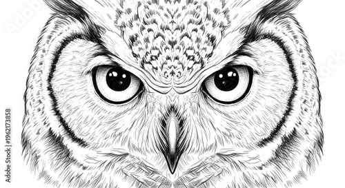 Detailed owl illustration with intense gaze and intricate feather patterns