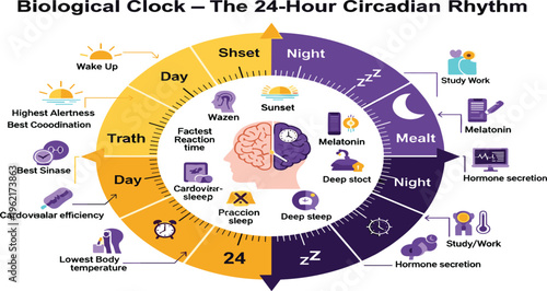 Circadian Rhythm Biological Clock Infographic Vector Illustration Showing 24 Hour Human Body Cycle, Sleep, Melatonin Production, Energy Levels and Daily Activity Timeline