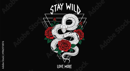 Modern Snake Graphic with Floral Elements against Black Background concept for t-shirt design, social media posts, and advertising campaigns.