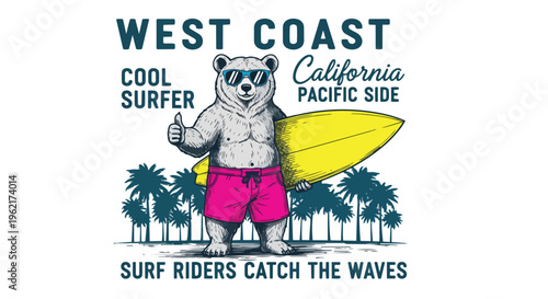 Modern Surfer Bear with palm trees on the beach, suitable for travel, tourism, and apparel design.