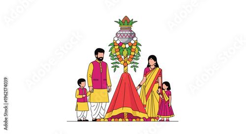 An Indian family of four is standing beside a Gudi Padwa celebration pole adorned with a kalash and garland.