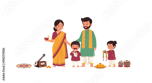 A happy Indian family of four is celebrating a festival with traditional items on a white background.