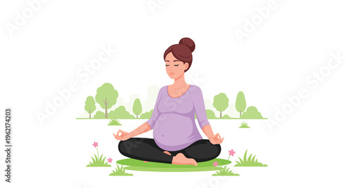 A pregnant woman with dark hair is meditating in a lotus position on green grass outdoors.