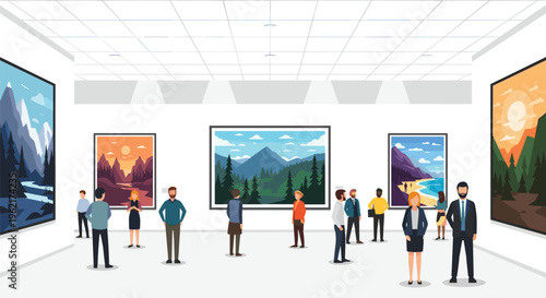 A diverse group of people are viewing landscape paintings in a brightly lit art gallery.