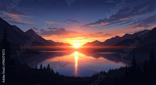 Dramatic sunset over tranquil lake with mountain silhouettes and fiery sky