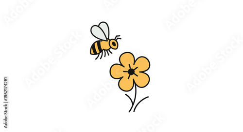 A cartoon bee with striped body and clear wings is flying towards a yellow five-petaled flower on a white background.