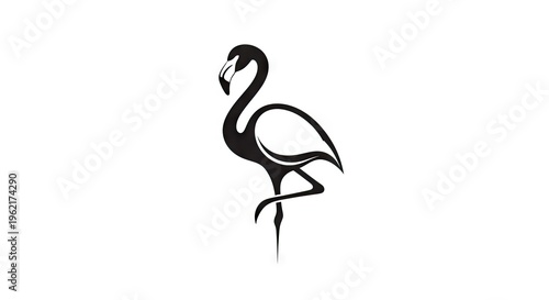 Elegant black and white flamingo silhouette on white background for design