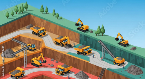 Cartoon Open-Pit Mine with Heavy Machinery and Infrastructure.