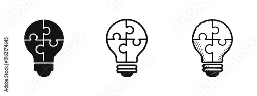 Problem Solving and Innovative Idea Concept - Puzzle Piece Lightbulb Icon Set