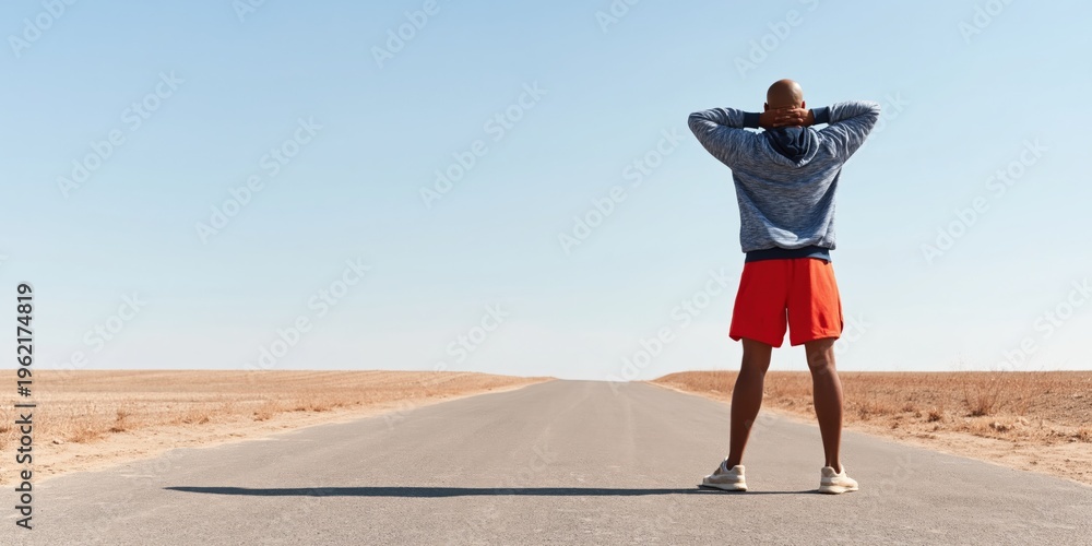 Obraz premium Man standing relaxed on deserted road in desert landscape