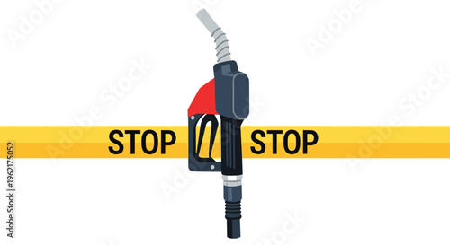 A black and red fuel pump nozzle is vertically centered with a single yellow STOP tape crossing it on a white background.