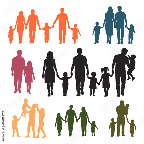 Colorful Family Silhouettes Collection Set, Modern Family Silhouette Bundle Multicolor, Parents And Children Together Silhouette Set
